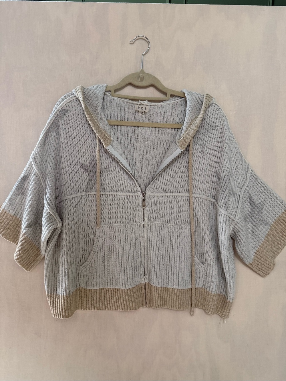 POL Knit Full Zip Hoodie Sweater Jacket Cream Beige Two Tone Slouchy Boho M